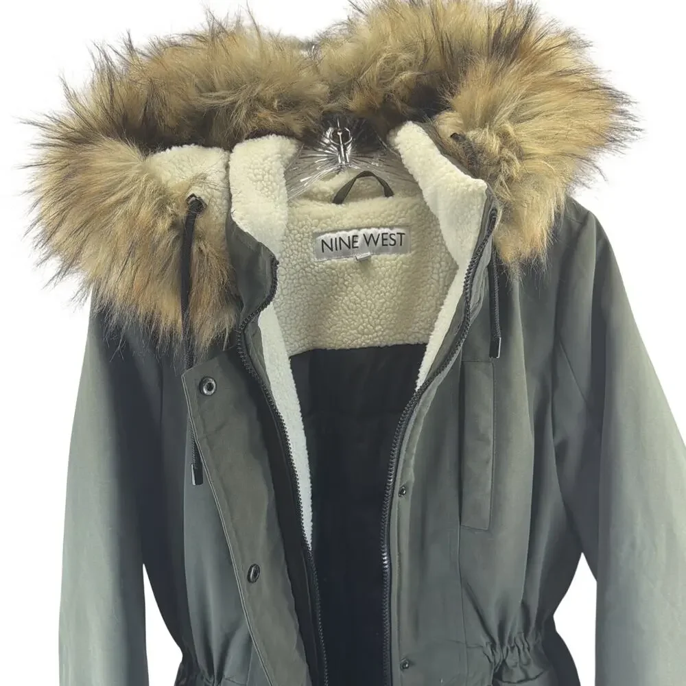 Bella Swan Faux Fur Hood Quilted Parka Coat Green Zip Jacket Womens S Nine West